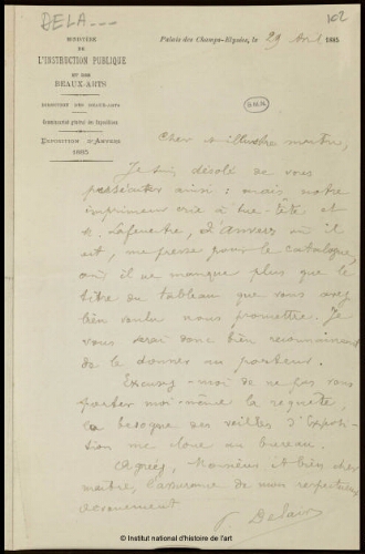 Lettre de Delaire à Jean-Louis-Ernest Meissonier, 29 avril 1885