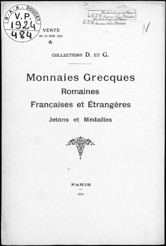 Collections D. et G. Monnaies grecques, romaines, françaises et étrangères, jetons et médailles : [vente du 18 juin 1924]