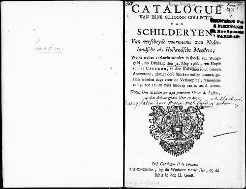 Catalogue van eene schoone collectie van Schilderyen, van verscheyde voomaeme zoo Nederlandsche als Hollandsche Meesters [...] : [vente du 31 mai 1768]