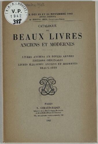 Catalogue de beaux livres anciens et modernes : [vente des 23 et 24 novembre 1942]