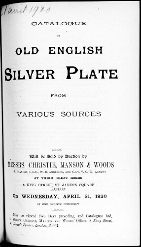 Catalogue of old English silver plate from various sources [...] : [vente du 21 avril 1920]