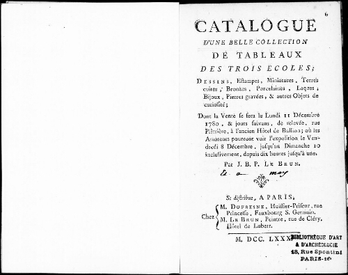 Catalogue d’une belle collection de tableaux des trois écoles [...] : [vente du 11 décembre 1780]
