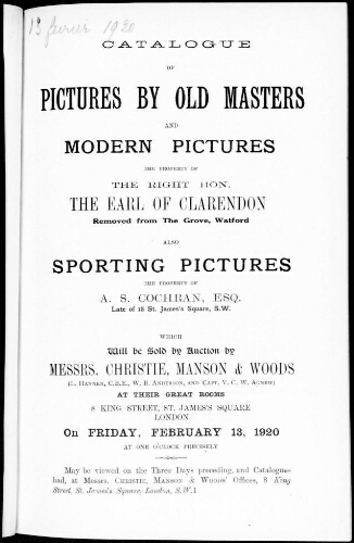 Catalogue of pictures by old masters and modern pictures [...] : [vente du 13 février 1920]