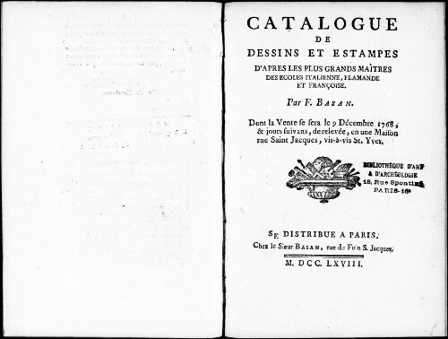 Catalogue de dessins et estampes d'après les plus grands maîtres des écoles italienne, flamande et française [...] : [vente du 9 décembre 1768]