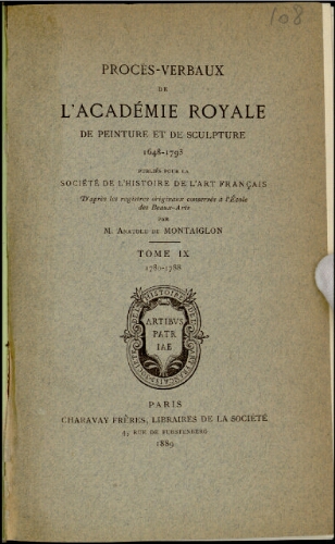 Procès-verbaux de l'Académie Royale de peinture et de sculpture. Tome 9 : 1780-1788