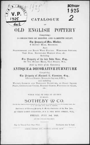 Catalogue of old English pottery [...], the property of Mrs. Walker [...] : [vente du 3 juillet 1925]