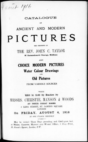 Catalogue of ancient and modern pictures […] : [vente du 4 août 1916]