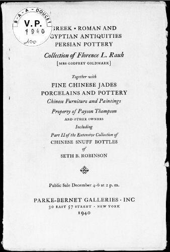 Greek, Roman and Egyptian Antiquities, Persian Pottery ; Collection of Florence L. Rauh [...] : [vente du 4 au 6 décembre 1940]