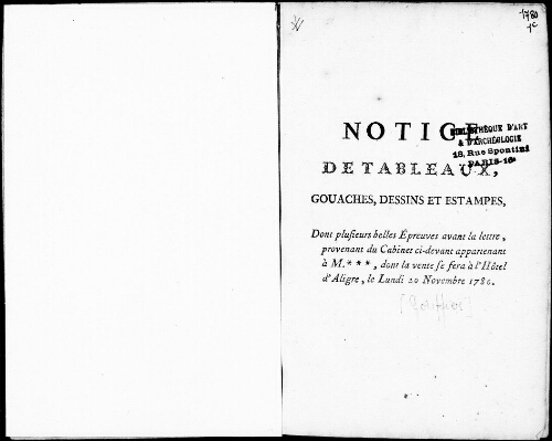Notice de tableaux, gouaches, dessins et estampes [...] : [vente du 20 novembre 1780]