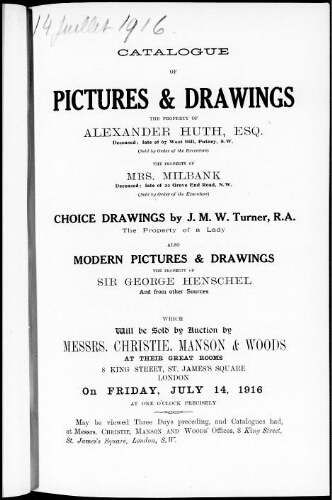 Catalogue of pictures and drawings […] : [vente du 14 juillet 1916]