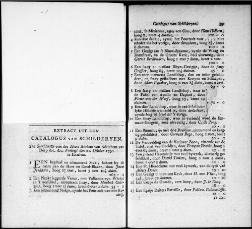 Extract uit een catalogus van Schilderyen ten Sterfhuyze van den Heere Adriaan van Adrichem van Dorp : [vente du 21 octobre 1750]