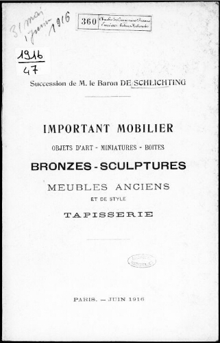Catalogue des tableaux, miniatures, objets d'art et de vitrine […] : [vente des 31 mai et 1er juin 1916]