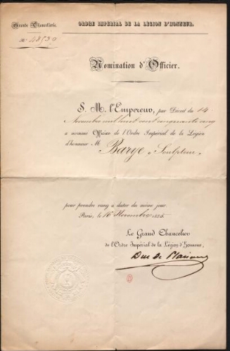 Nomination au grade d’officier de la Légion d’honneur, 16 novembre 1855