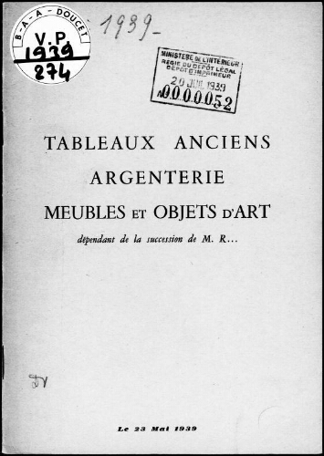 Catalogue des tableaux anciens des écoles française et hollandaise […] : [vente du 23 mai 1939]
