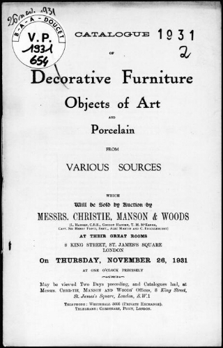 Catalogue of decorative furniture, objects of art and porcelain from various sources [...] : [vente du 26 novembre 1931]
