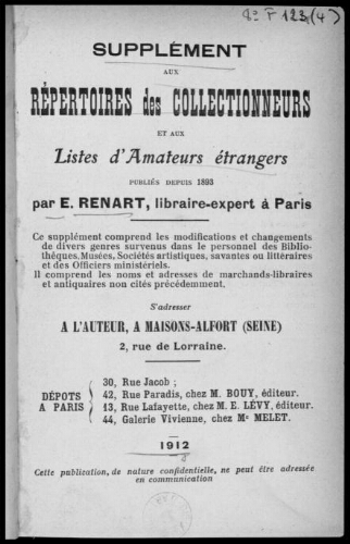 Supplément aux répertoires des collectionneurs et aux listes d'amateurs étrangers publiés depuis 1893