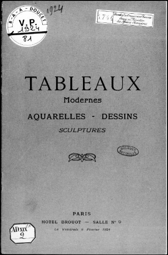 Tableaux modernes, aquarelles, dessins, sculptures : [vente du 8 février 1924]