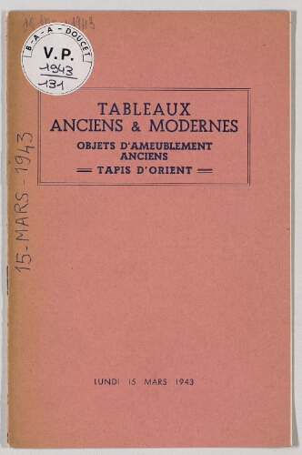 Tableaux anciens et modernes [...] : [vente du 15 mars 1943]