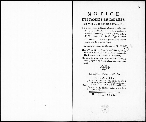 Notice d’estampes encadrées en volumes et en feuilles [...] : [vente du 20 août 1793]