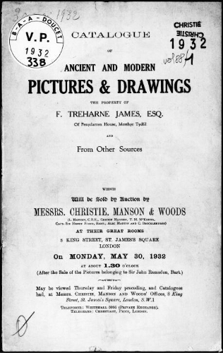 Catalogue of ancient and modern pictures and drawings, the property of F. Treharne James, Esquire […] : [vente du 30 mai 1932]