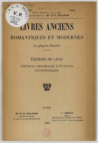 Livres anciens, romantiques et modernes [...] : [vente du 27 juin 1944]
