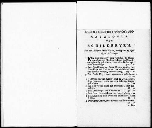 Catalogus van Schilderyen van den Auditeur Della Faille [...] : [vente du 24 avril 1730]