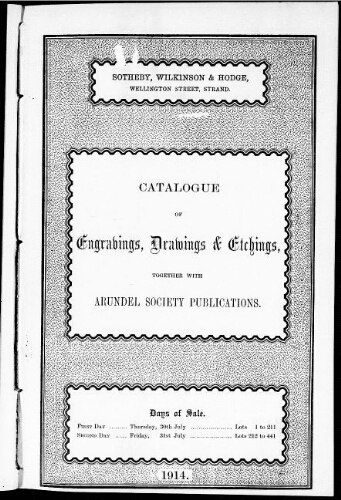 Catalogue of engravings, drawings and etchings together with Arundel Society publications […] : [vente du 30 juillet 1914]