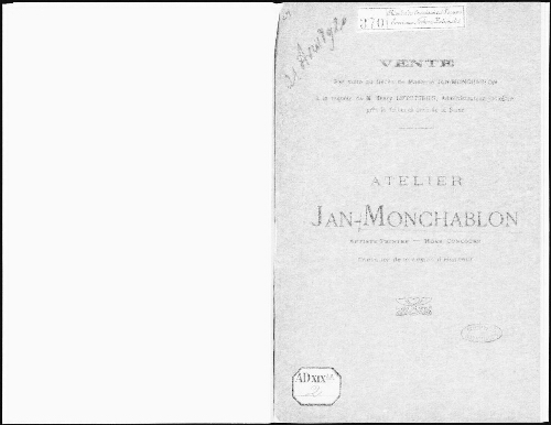 Atelier Jan-Monchablon, artiste-peintre, hors-concours, chevalier de la Légion d'honneur : [vente du 21 avril 1920]