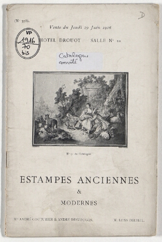 Catalogue des estampes anciennes et modernes […] : [vente du 29 juin 1916]