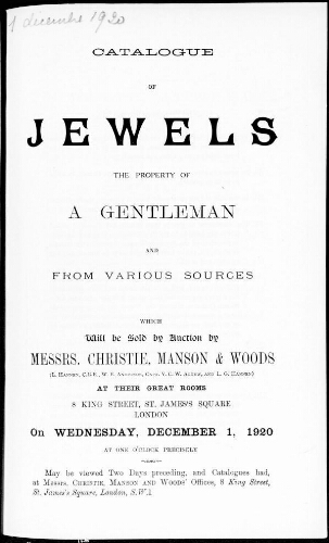 Catalogue of Jewels the Property of a Gentleman and from Various Sources [...] : [vente du 1er décembre 1920]