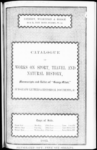 Catalogue of works on sport, travel and natural history, manuscripts and relics of "George Eliot" [...] : [vente du 25 au 27 juin 1923]