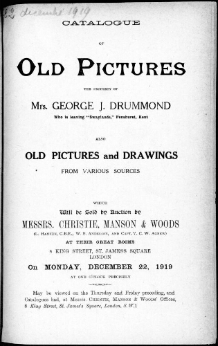 Catalogue of old pictures the property of Mrs. Georges J. Drummond [...] : [vente du 22 décembre 1919]