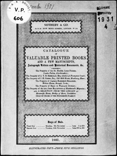 Catalogue of valuable printed books [...] comprising the property of the Right Honourable Lord Forbes [...] : [vente des 9 et 10 novembre 1931]