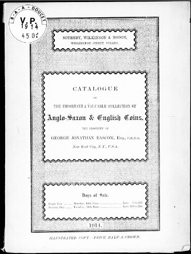 Catalogue of the important and valuable collection of Anglo-Saxon and English coins […] : [vente du 15 juin 1914]