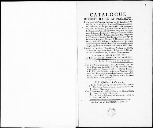 Catalogue d'objets rares et précieux, tels que collections de dessins [...] : [vente du 10 septembre 1795]