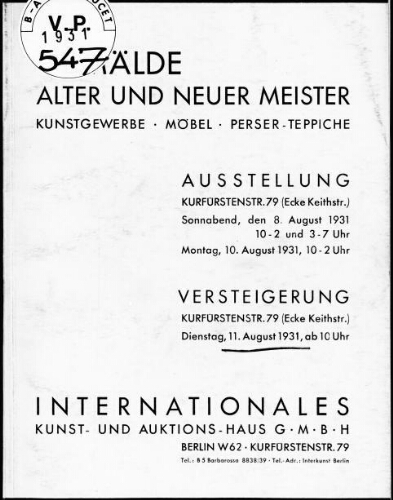 Gemälde alter und neuer Meister, Kunstgewerbe, Möbel, Perser-Teppiche : [vente du 11 août 1931]