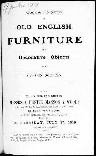 Catalogue of old English furniture and decorative objects [...] : [vente du 17 juillet 1919]