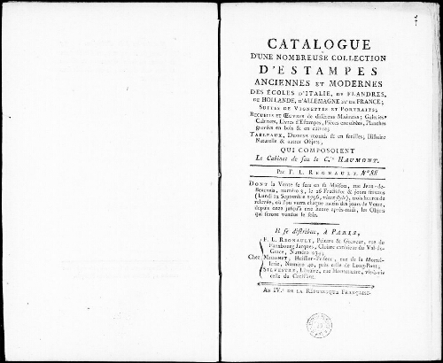 Catalogue d'une nombreuse collection d’estampes anciennes et modernes [...] : [vente du 12 septembre 1796]