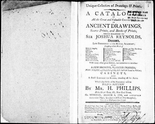 Unique collection of drawings and prints [...] which belonged to Sir Joshua Reynolds [...] : [vente du 5 au 26 mars 1798] 