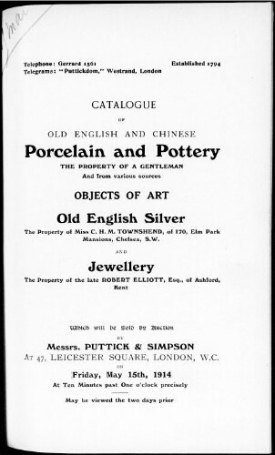 Catalogue of old English and Chinese porcelain and pottery [...] : [vente du 15 mai 1914]