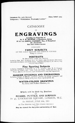 Catalogue of engravings […] : [vente du 11 juin 1915]