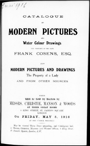 Catalogue of modern pictures and water colour drawings […] : [vente du 5 mai 1916]