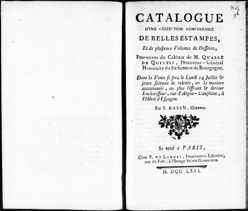 Catalogue d'une collection considérable de belles estampes et de plusieurs volumes de dessins provenans du Cabinet de M. Quarré de Quintin [...] : [vente du 14 juillet 1766]