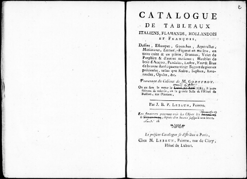 Catalogue de tableaux italiens, flamands, hollandais et français [...] : [vente du 15 novembre 1785] [suivi de] Catalogue des tableaux des trois écoles [...] : [vente du 12 décembre 1785]