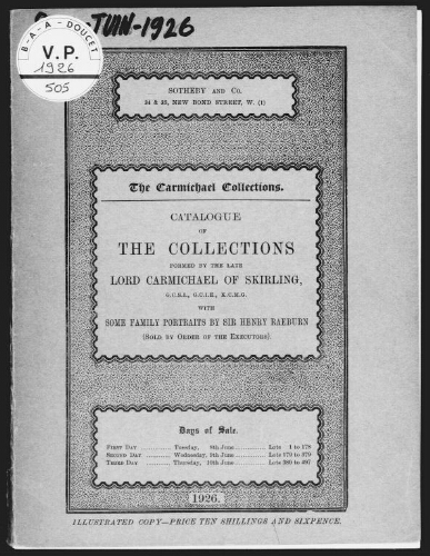 The Carmichael collections. Catalogue of the collections formed by the late Lord Carmichael of Skirling [...] : [vente du 8 au 10 juin 1926]