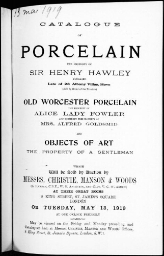 Catalogue of porcelain [...] : [vente du 13 mai 1919]
