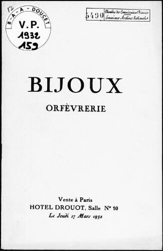 Bijoux, orfèvrerie : [vente du 17 mars 1932]