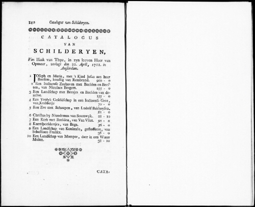 Catalogus van Schilderyen van Isaak van Thye [...] : [vente du 22 avril 1711]
