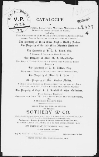 Catalogue of ivories, jades, fans, watches [...], the property of Miss Mary Sophia Kirkby Fenton [...] : [vente du 10 novembre 1927]