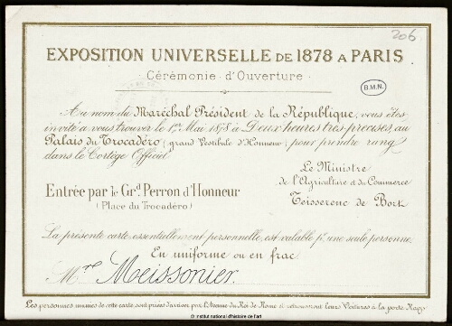 Carton d'invitation, cérémonie d'ouverture de l'Exposition universelle de 1878 à Paris, 1er mai 1878